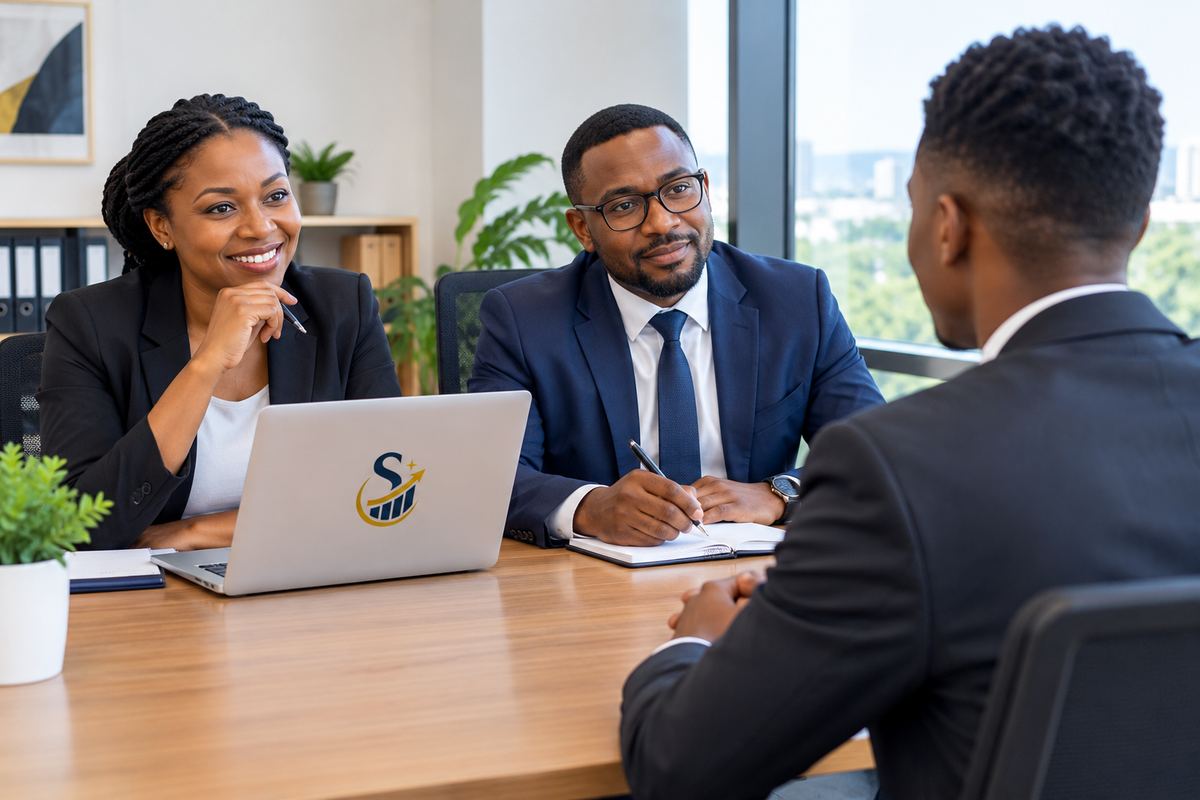 Two interviewers speaking with a candidate in a structured, professional interview